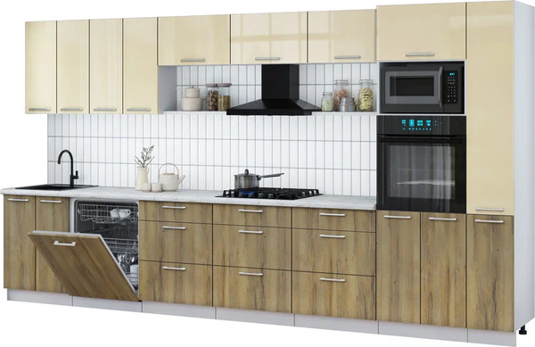 Изображение товара Кухонный гарнитур Интерлиния Мила Gloss 3.9-ПМ1 (дуб вотан/ваниль глянец/серый каспий)