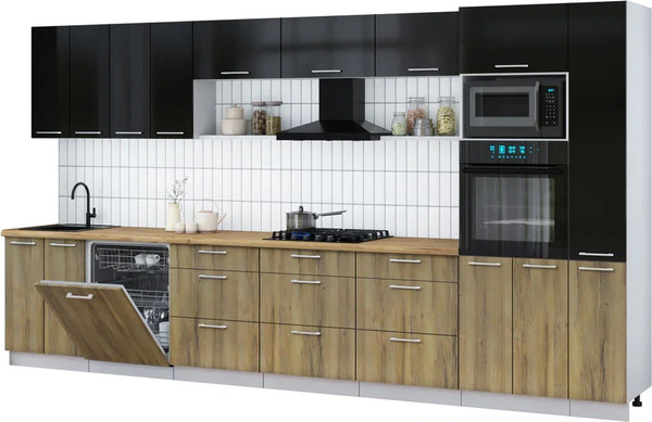 Изображение товара Кухонный гарнитур Интерлиния Мила Gloss 3.9-ПМ1 (дуб вотан/черный глянец/дуб бунратти)