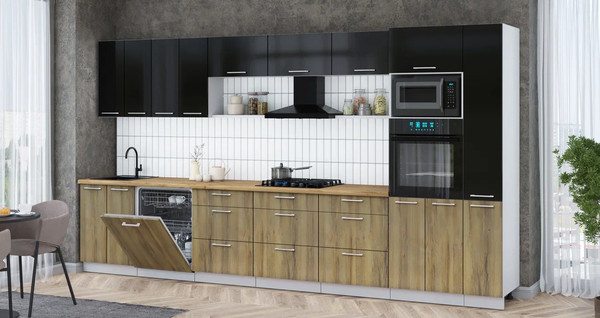 Изображение товара Кухонный гарнитур Интерлиния Мила Gloss 3.9-ПМ1 (дуб вотан/черный глянец/дуб бунратти)