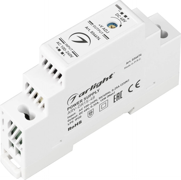 Изображение товара Блок питания для светильника Arlight ARV-DR15-48 48V 0.32A 15W / 034674