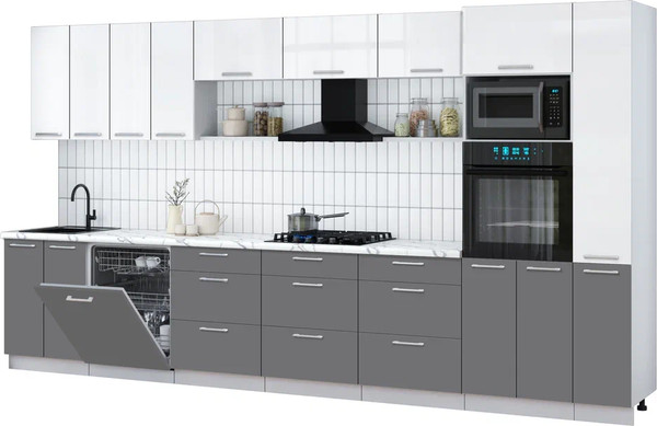 Изображение товара Кухонный гарнитур Интерлиния Мила Gloss 3.9-ПМ1 (серый/белый глянец/белый гранит)