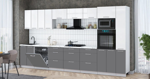 Изображение товара Кухонный гарнитур Интерлиния Мила Gloss 3.9-ПМ1 (серый/белый глянец/белый гранит)