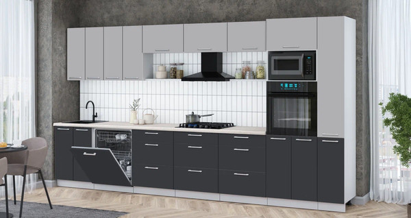 Изображение товара Кухонный гарнитур Интерлиния Мила Gloss 3.9-ПМ1 (пепел/грей/травертин серый)