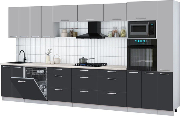 Изображение товара Кухонный гарнитур Интерлиния Мила Gloss 3.9-ПМ1 (пепел/грей/травертин серый)
