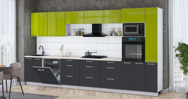 Изображение товара Кухонный гарнитур Интерлиния Мила Gloss 3.9-ПМ1 (пепел/яблоко глянец/травертин серый)