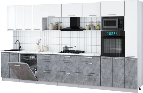 Изображение товара Кухонный гарнитур Интерлиния Мила Gloss 3.9-ПМ1 (керамика/белый/белый гранит)
