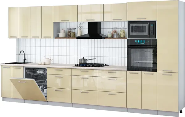 Изображение товара Кухонный гарнитур Интерлиния Мила Gloss 4.0-ПМ1 (ваниль глянец/ваниль глянец/травертин серый)