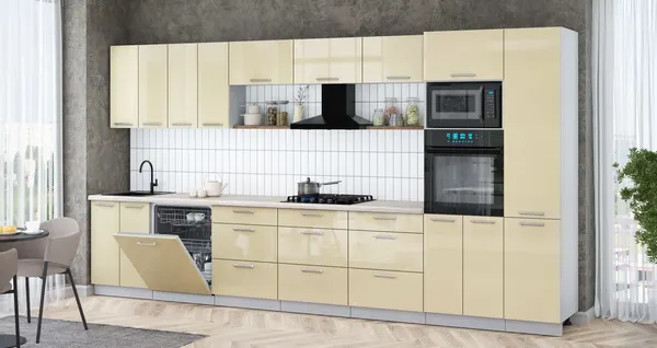 Изображение товара Кухонный гарнитур Интерлиния Мила Gloss 4.0-ПМ1 (ваниль глянец/ваниль глянец/травертин серый)