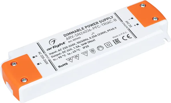 Блок питания для светильника Arlight ARV-SN24036-PFC-TRIAC-B 24V 1.5A 36W / 027633 — фото 6