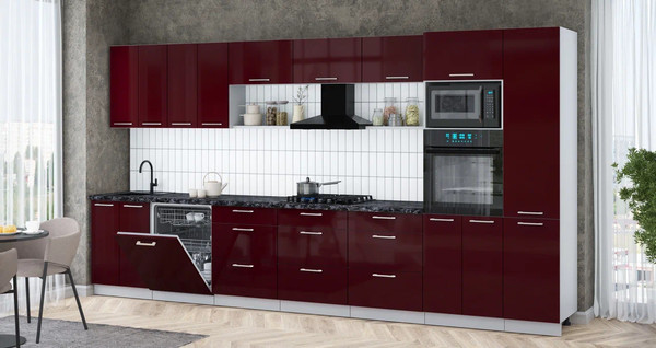 Изображение товара Кухонный гарнитур Интерлиния Мила Gloss 4.0-ПМ1 (бордовый глянец/бордовый глянец/кастилло темный)