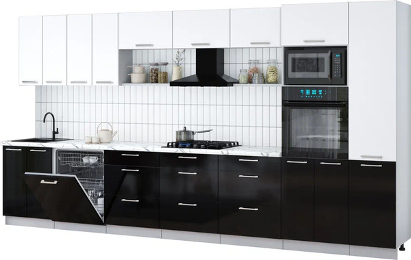 Изображение товара Кухонный гарнитур Интерлиния Мила Gloss 4.0-ПМ1 (черный глянец/белый/белый гранит)