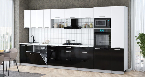 Изображение товара Кухонный гарнитур Интерлиния Мила Gloss 4.0-ПМ1 (черный глянец/белый/белый гранит)
