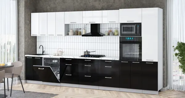 Изображение товара Кухонный гарнитур Интерлиния Мила Gloss 4.0-ПМ1 (черный глянец/белый глянец/белый гранит)