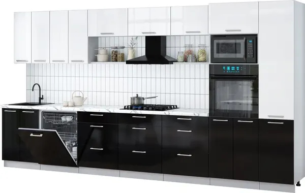 Изображение товара Кухонный гарнитур Интерлиния Мила Gloss 4.0-ПМ1 (черный глянец/белый глянец/белый гранит)