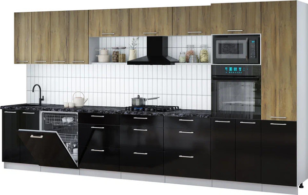 Изображение товара Кухонный гарнитур Интерлиния Мила Gloss 4.0-ПМ1 (черный глянец/дуб вотан/кастилло темный)