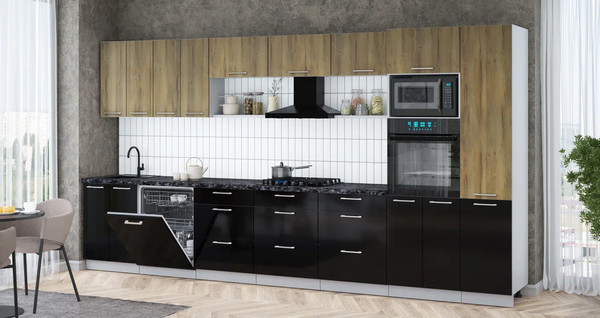 Изображение товара Кухонный гарнитур Интерлиния Мила Gloss 4.0-ПМ1 (черный глянец/дуб вотан/кастилло темный)