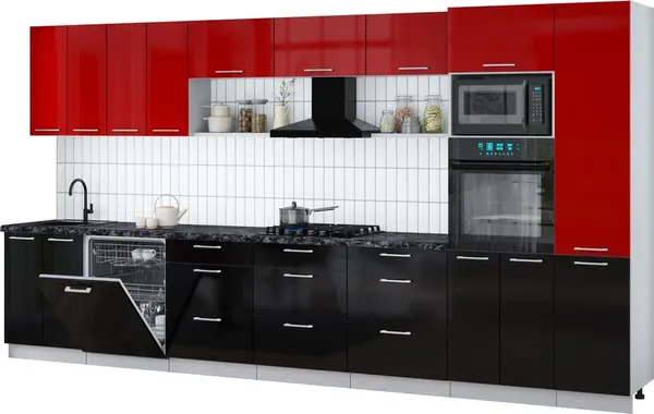 Изображение товара Кухонный гарнитур Интерлиния Мила Gloss 4.0-ПМ1 (черный глянец/красный глянец/кастилло темный)