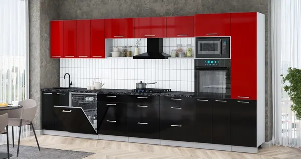 Изображение товара Кухонный гарнитур Интерлиния Мила Gloss 4.0-ПМ1 (черный глянец/красный глянец/кастилло темный)