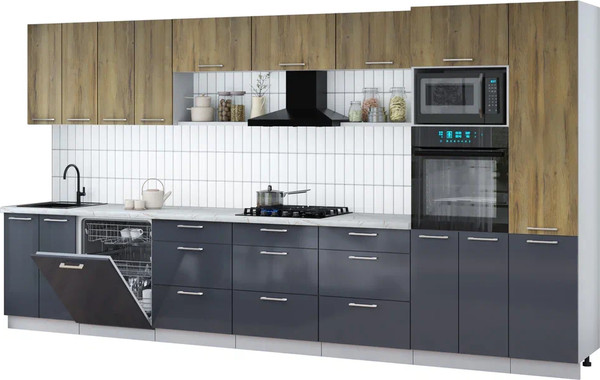 Изображение товара Кухонный гарнитур Интерлиния Мила Gloss 4.0-ПМ1 (асфальт глянец/дуб вотан/серый каспий)