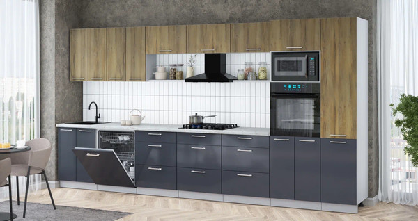 Изображение товара Кухонный гарнитур Интерлиния Мила Gloss 4.0-ПМ1 (асфальт глянец/дуб вотан/серый каспий)