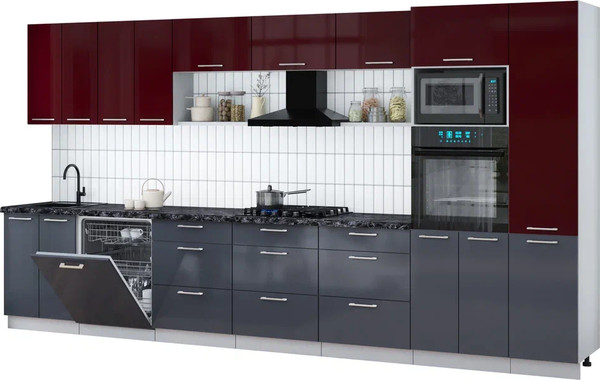 Изображение товара Кухонный гарнитур Интерлиния Мила Gloss 4.0-ПМ1 (асфальт глянец/бордовый глянец/кастилло темный)