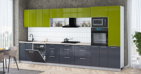 Изображение товара Кухонный гарнитур Интерлиния Мила Gloss 4.0-ПМ1 (асфальт глянец/яблоко глянец/травертин серый)