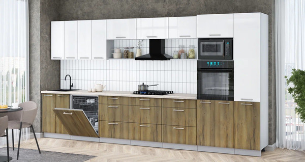 Изображение товара Кухонный гарнитур Интерлиния Мила Gloss 4.0-ПМ1 (дуб вотан/белый глянец/травертин серый)