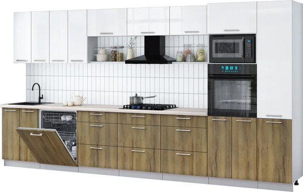 Изображение товара Кухонный гарнитур Интерлиния Мила Gloss 4.0-ПМ1 (дуб вотан/белый глянец/травертин серый)