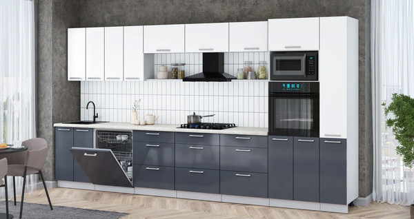 Изображение товара Кухонный гарнитур Интерлиния Мила Gloss 3.9-ПМ1 (асфальт глянец/белый/опал светлый)