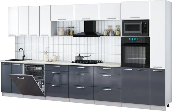 Изображение товара Кухонный гарнитур Интерлиния Мила Gloss 3.9-ПМ1 (асфальт глянец/белый/опал светлый)