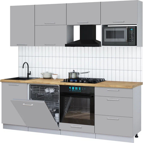 Изображение товара Кухонный гарнитур Интерлиния Мила Gloss 2.3-ПМ2 (грей/грей/дуб бунратти)