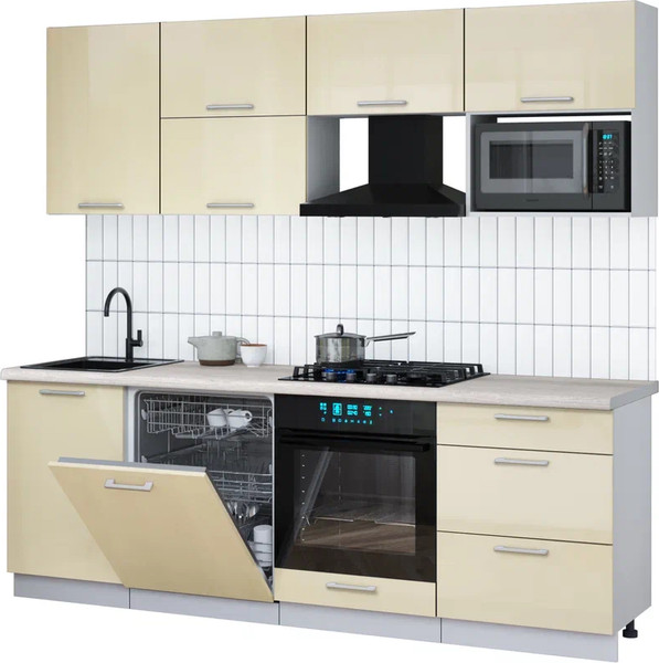 Изображение товара Кухонный гарнитур Интерлиния Мила Gloss 2.3-ПМ2 (ваниль глянец/ваниль глянец/травертин серый)