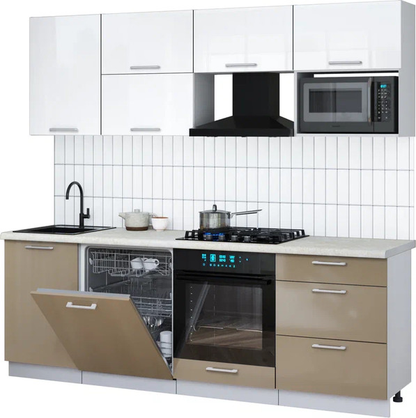 Изображение товара Кухонный гарнитур Интерлиния Мила Gloss 2.3-ПМ2 (капучино глянец/белый глянец/опал светлый)