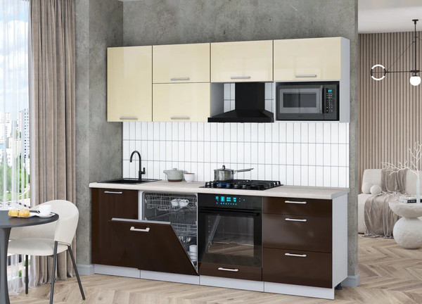 Изображение товара Кухонный гарнитур Интерлиния Мила Gloss 2.3-ПМ2 (шоколад глянец/ваниль глянец/травертин серый)