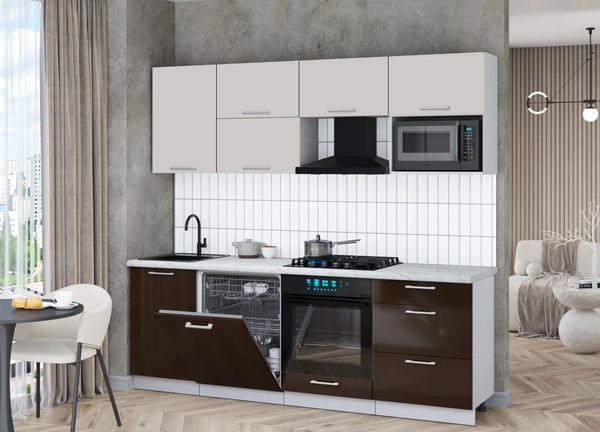 Изображение товара Кухонный гарнитур Интерлиния Мила Gloss 2.3-ПМ2 (шоколад глянец/кашемир/серый каспий)