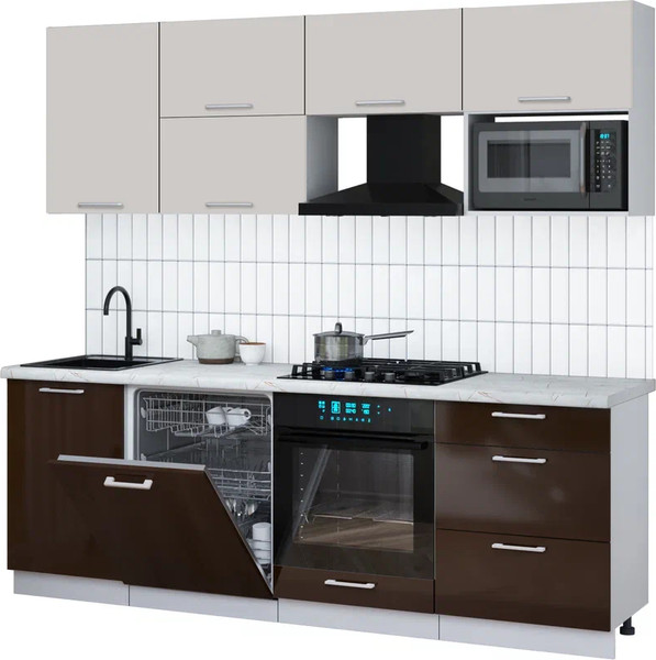 Изображение товара Кухонный гарнитур Интерлиния Мила Gloss 2.3-ПМ2 (шоколад глянец/кашемир/серый каспий)