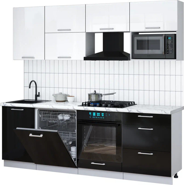 Изображение товара Кухонный гарнитур Интерлиния Мила Gloss 2.3-ПМ2 (черный глянец/белый глянец/белый гранит)