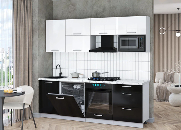 Изображение товара Кухонный гарнитур Интерлиния Мила Gloss 2.3-ПМ2 (черный глянец/белый глянец/белый гранит)