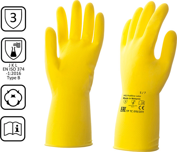 Изображение товара Перчатки хозяйственные HQ Profiline Латексные многоразовые / 73590 (XL, желтый)