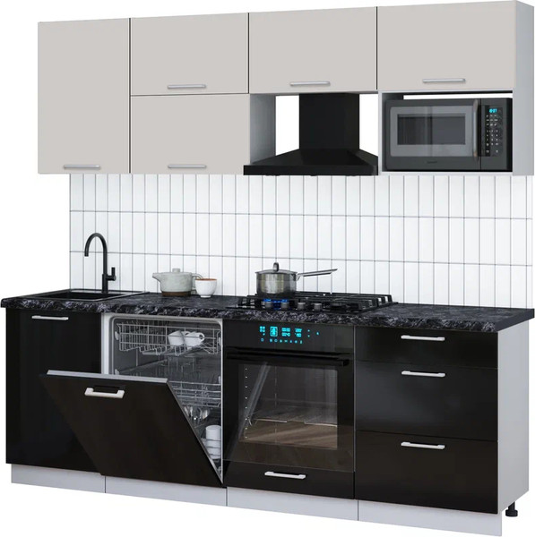 Изображение товара Кухонный гарнитур Интерлиния Мила Gloss 2.3-ПМ2 (черный глянец/кашемир/кастилло темный)