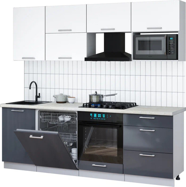 Изображение товара Кухонный гарнитур Интерлиния Мила Gloss 2.3-ПМ2 (асфальт глянец/белый/опал светлый)