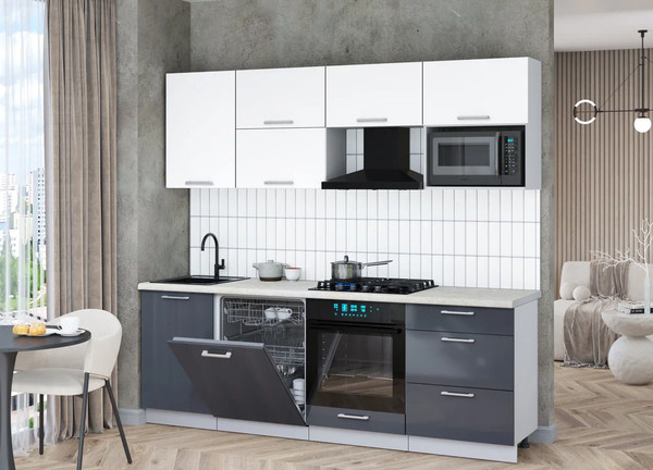 Изображение товара Кухонный гарнитур Интерлиния Мила Gloss 2.3-ПМ2 (асфальт глянец/белый/опал светлый)