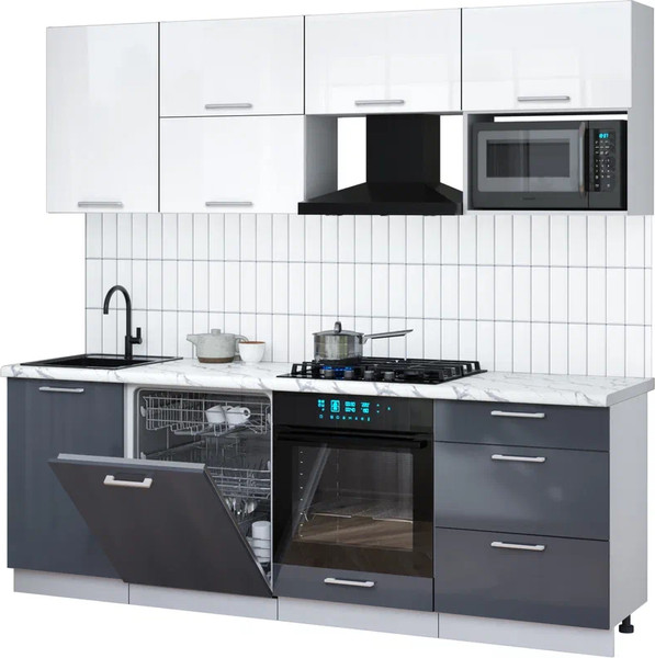 Изображение товара Кухонный гарнитур Интерлиния Мила Gloss 2.3-ПМ2 (асфальт глянец/белый глянец/белый гранит)