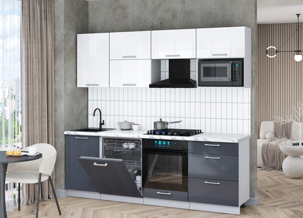 Изображение товара Кухонный гарнитур Интерлиния Мила Gloss 2.3-ПМ2 (асфальт глянец/белый глянец/белый гранит)