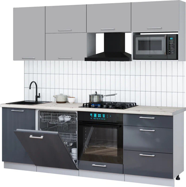 Изображение товара Кухонный гарнитур Интерлиния Мила Gloss 2.3-ПМ2 (асфальт глянец/грей/бискайская сосна)