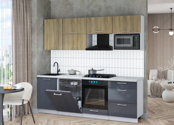 Изображение товара Кухонный гарнитур Интерлиния Мила Gloss 2.3-ПМ2 (асфальт глянец/дуб вотан/серый каспий)