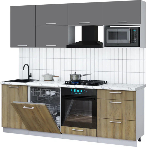 Изображение товара Кухонный гарнитур Интерлиния Мила Gloss 2.3-ПМ2 (дуб вотан/серый/белый гранит)