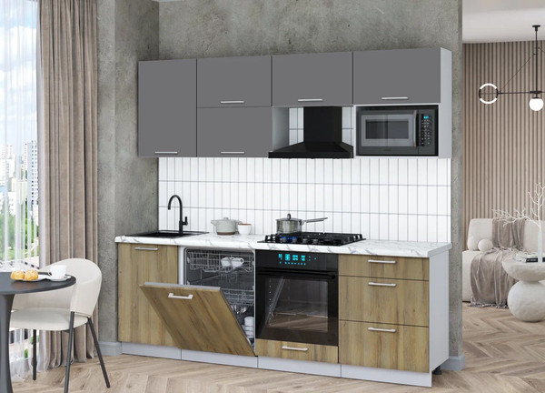 Изображение товара Кухонный гарнитур Интерлиния Мила Gloss 2.3-ПМ2 (дуб вотан/серый/белый гранит)