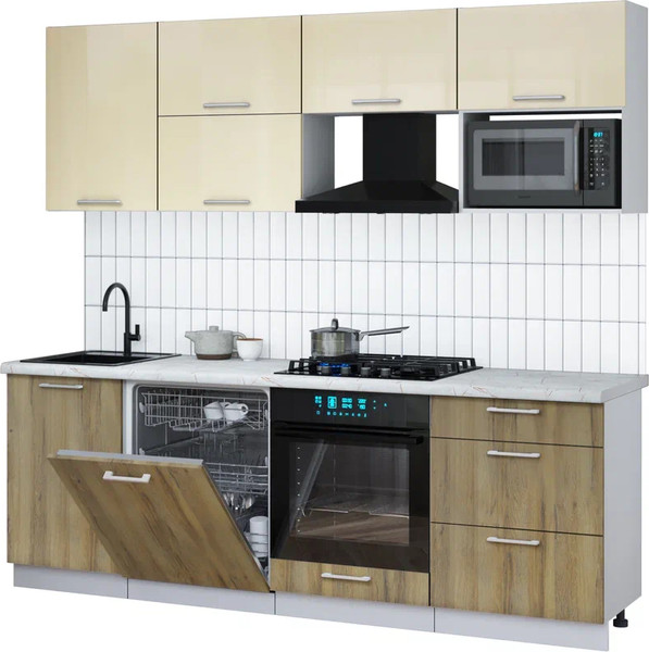 Изображение товара Кухонный гарнитур Интерлиния Мила Gloss 2.3-ПМ2 (дуб вотан/ваниль глянец/серый каспий)