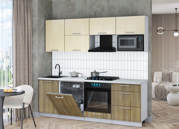 Изображение товара Кухонный гарнитур Интерлиния Мила Gloss 2.3-ПМ2 (дуб вотан/ваниль глянец/серый каспий)